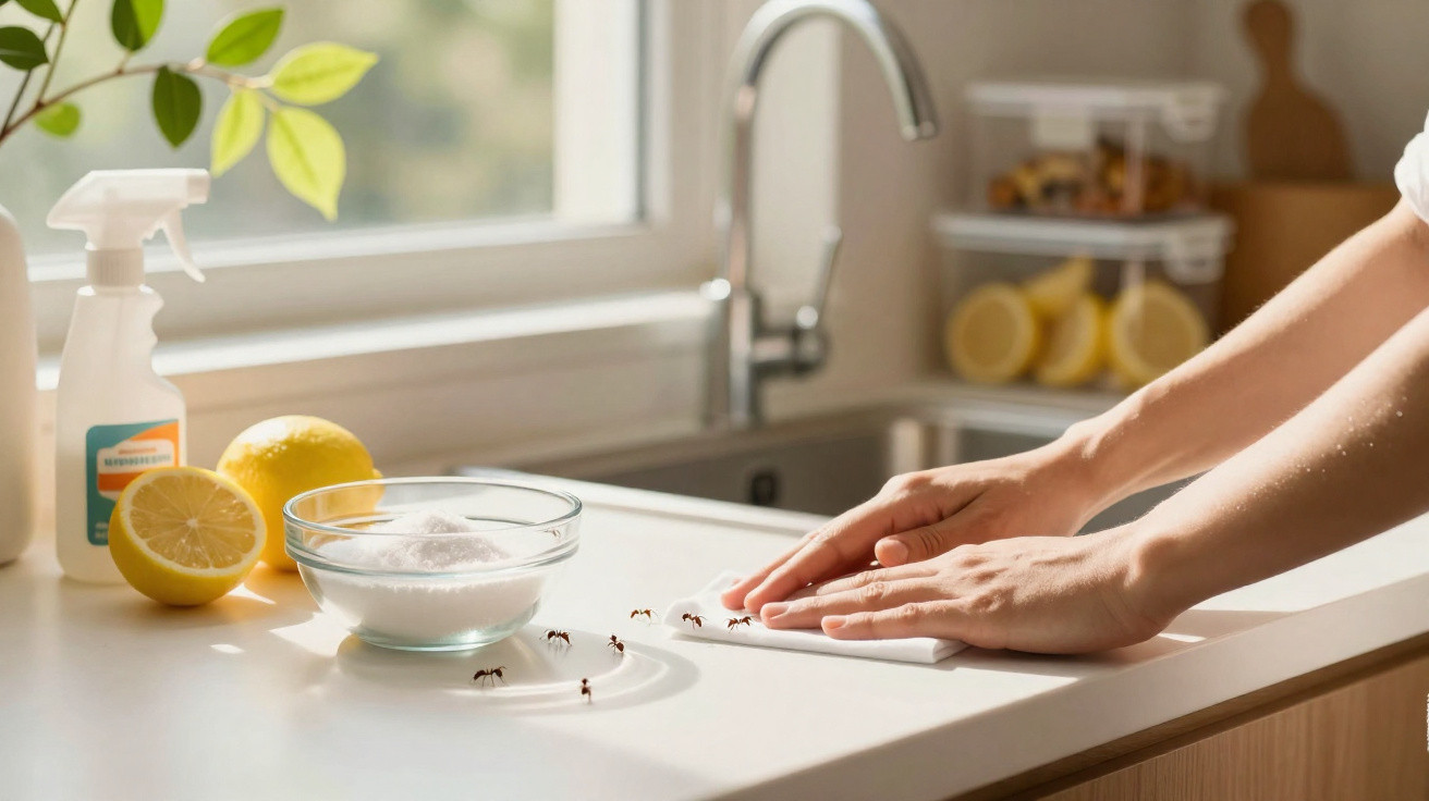 Hands cleaning kitchen countertop with lemon, salt, and ants crawling near a spray bottle by the window.