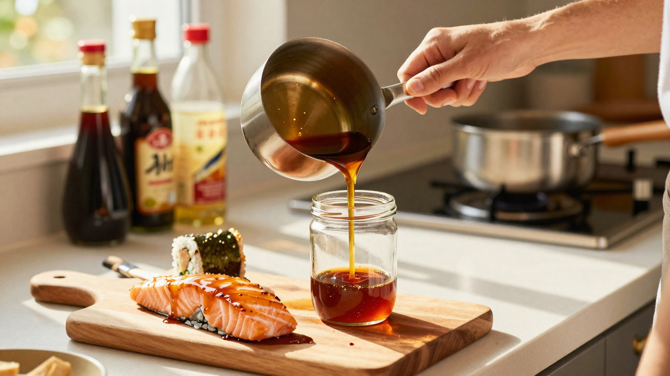 Hand pouring soy sauce from a saucepan into a jar next to sushi and salmon on a wooden board.