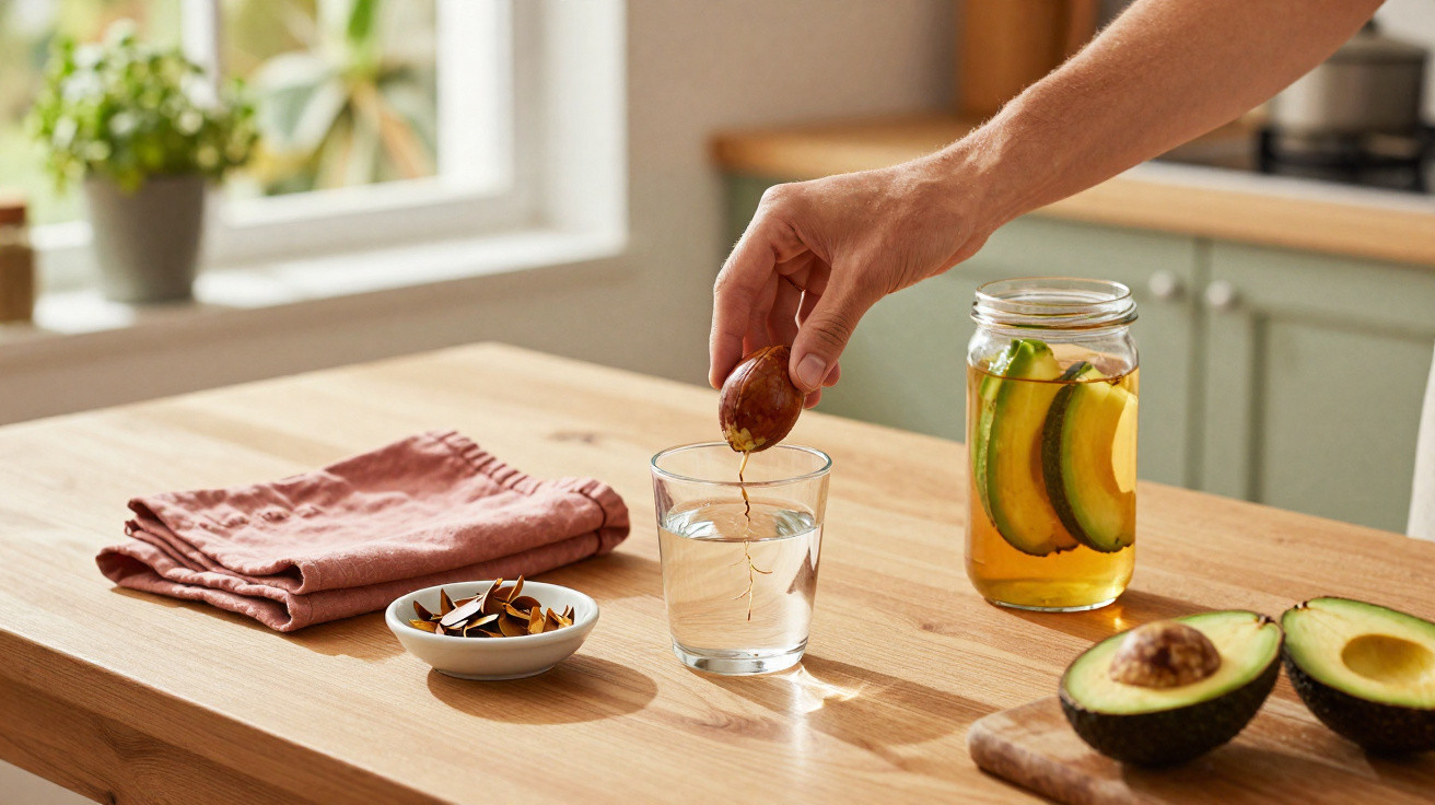 Hand placing an avocado seed into a glass of water on a wooden kitchen table with avocado halves nearby.