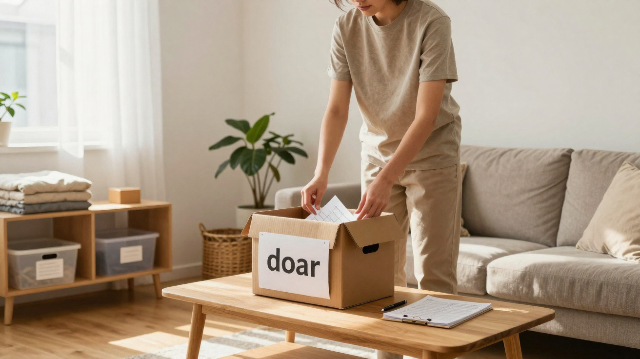 Person placing items into a cardboard donation box labeled "doar" on a wooden table in a bright living room.
