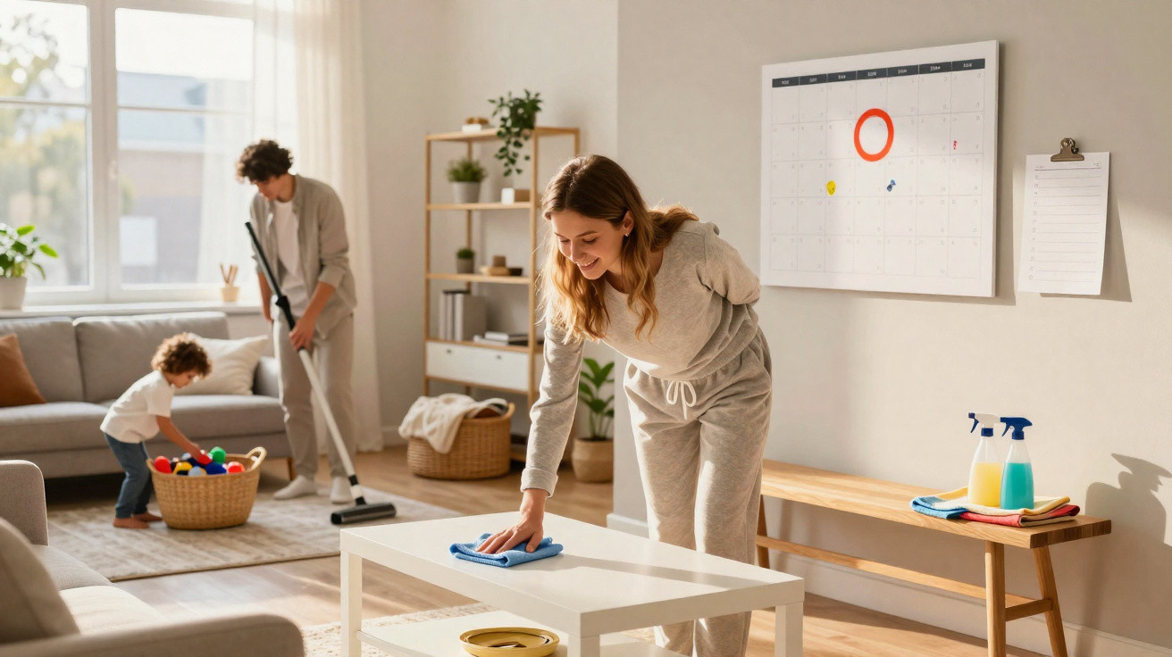 Woman cleaning a living room table, man vacuuming, and child playing with toys in a bright, tidy space.