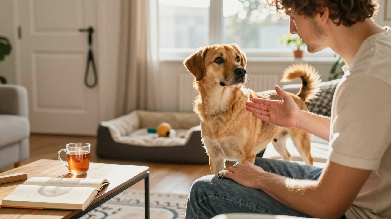 Man training his golden-brown dog indoors with a tea cup and open book on the table nearby.