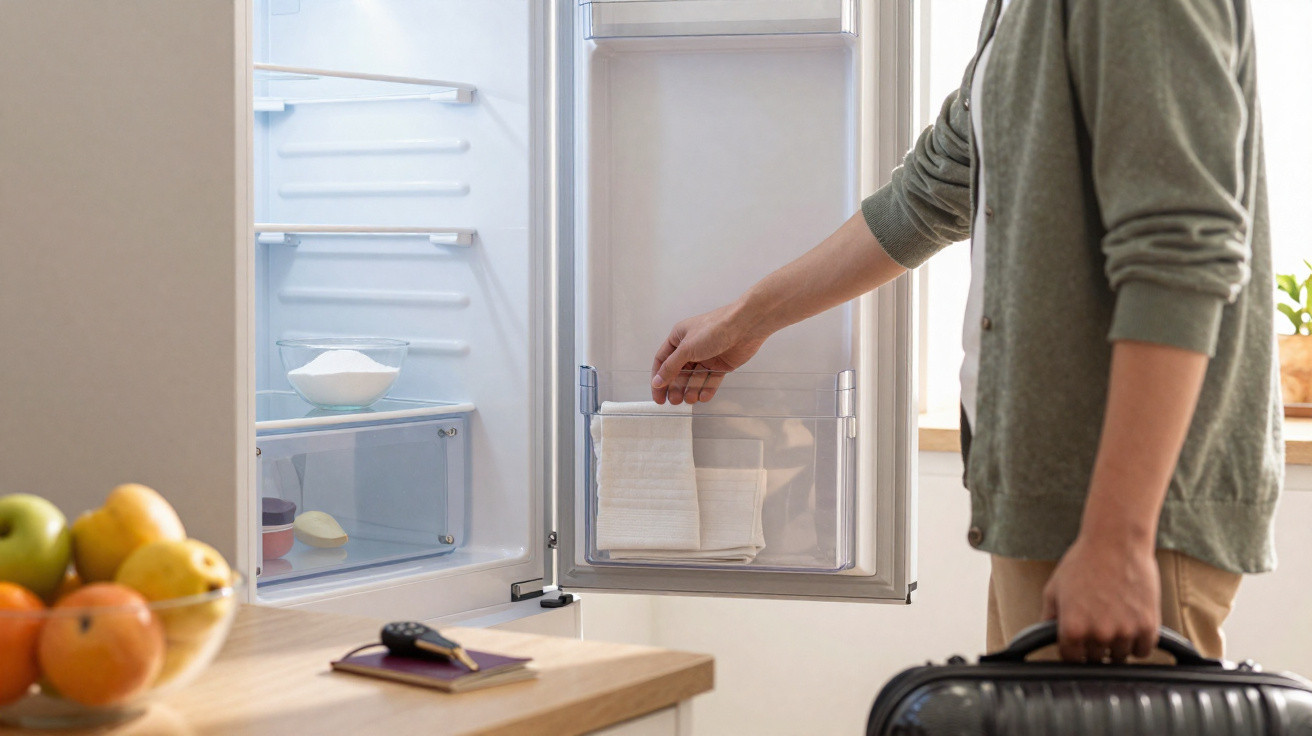 Person opening an empty fridge door in a kitchen, holding a suitcase in one hand.
