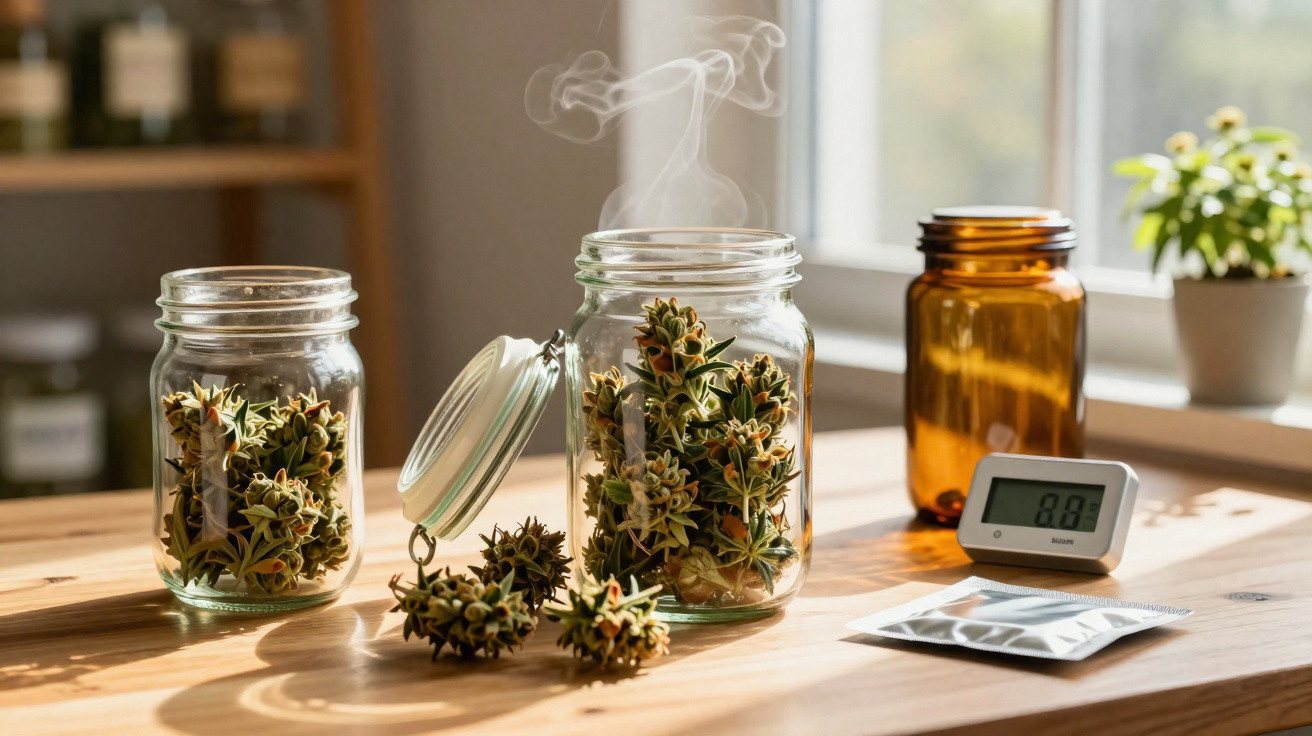 Glass jars filled with dried herbs and smoke rising on a wooden table near a digital thermometer and window.