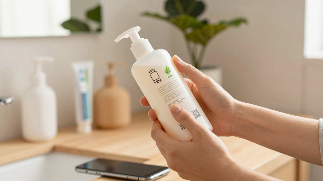 Hands holding and reading the label on a white pump bottle in a bright bathroom setting.