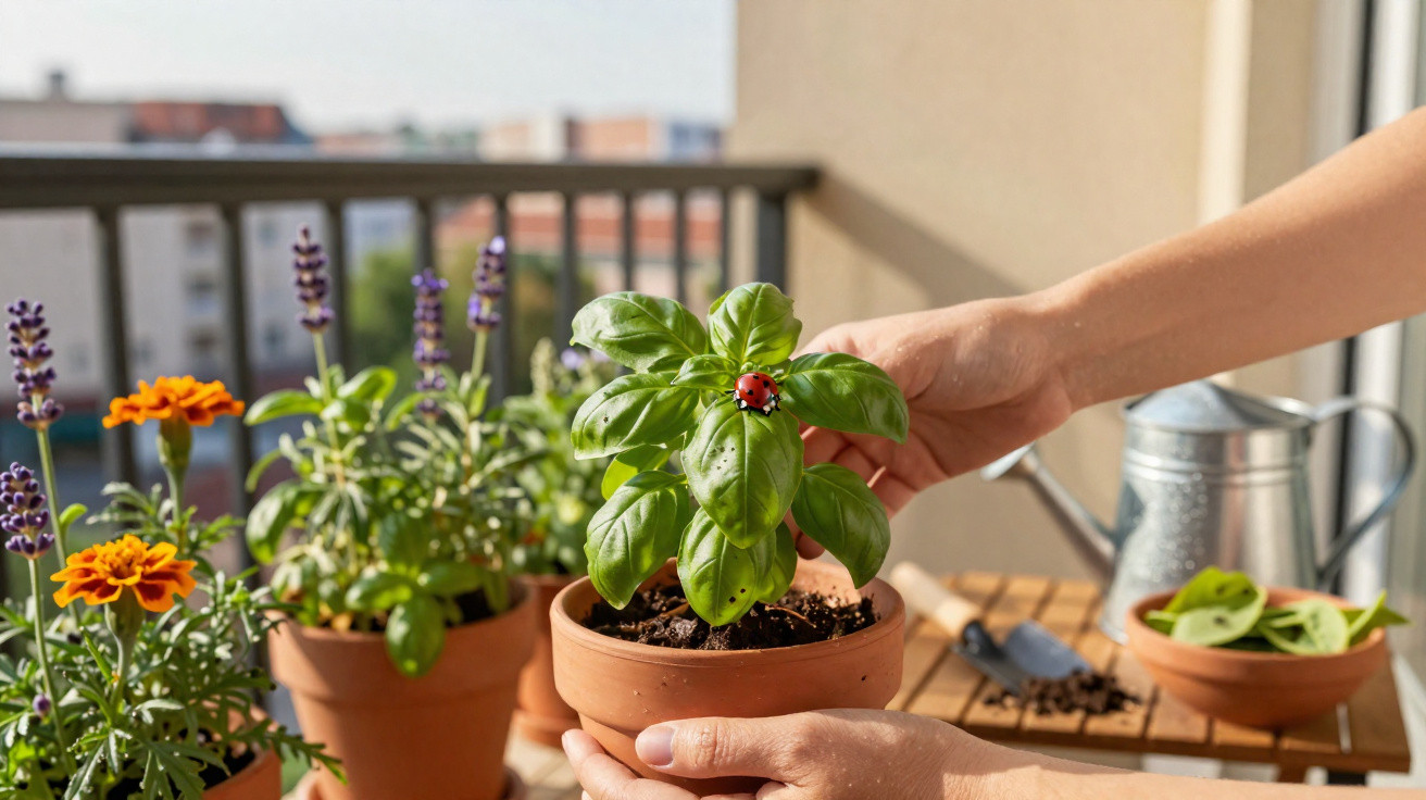 Hands holding a terracotta pot with a basil plant and a ladybird on the leaf, surrounded by other potted plants on a balcony.