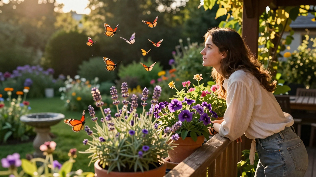 Young woman leans on garden railing surrounded by flowers and butterflies in the warm evening sunlight.