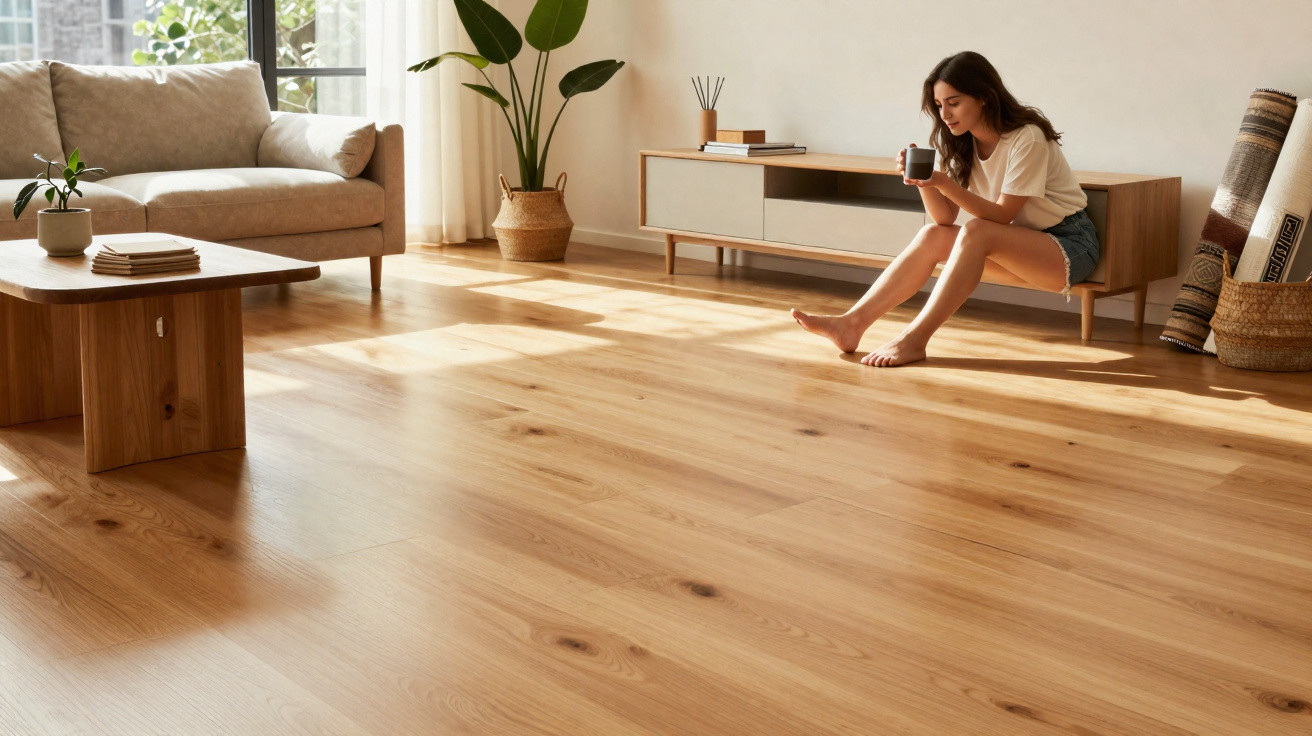 Woman sitting on low wooden cabinet in bright living room with light wooden floor and modern furniture.