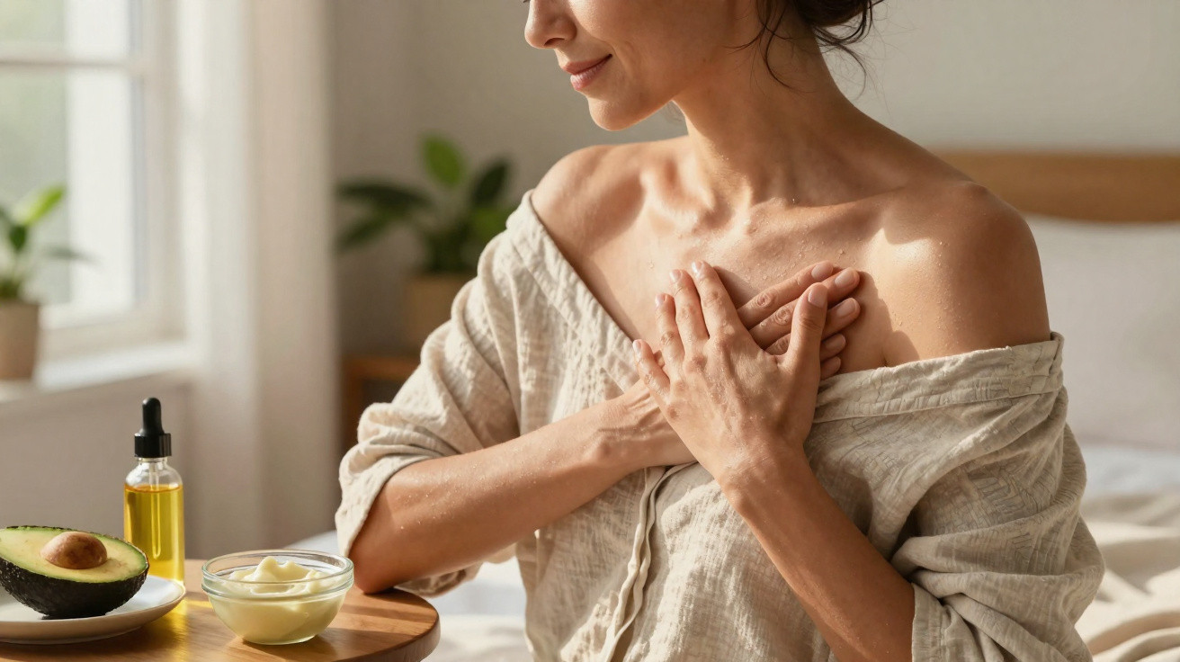 Woman applying natural skincare with avocado and oil on wooden table by sunny window.