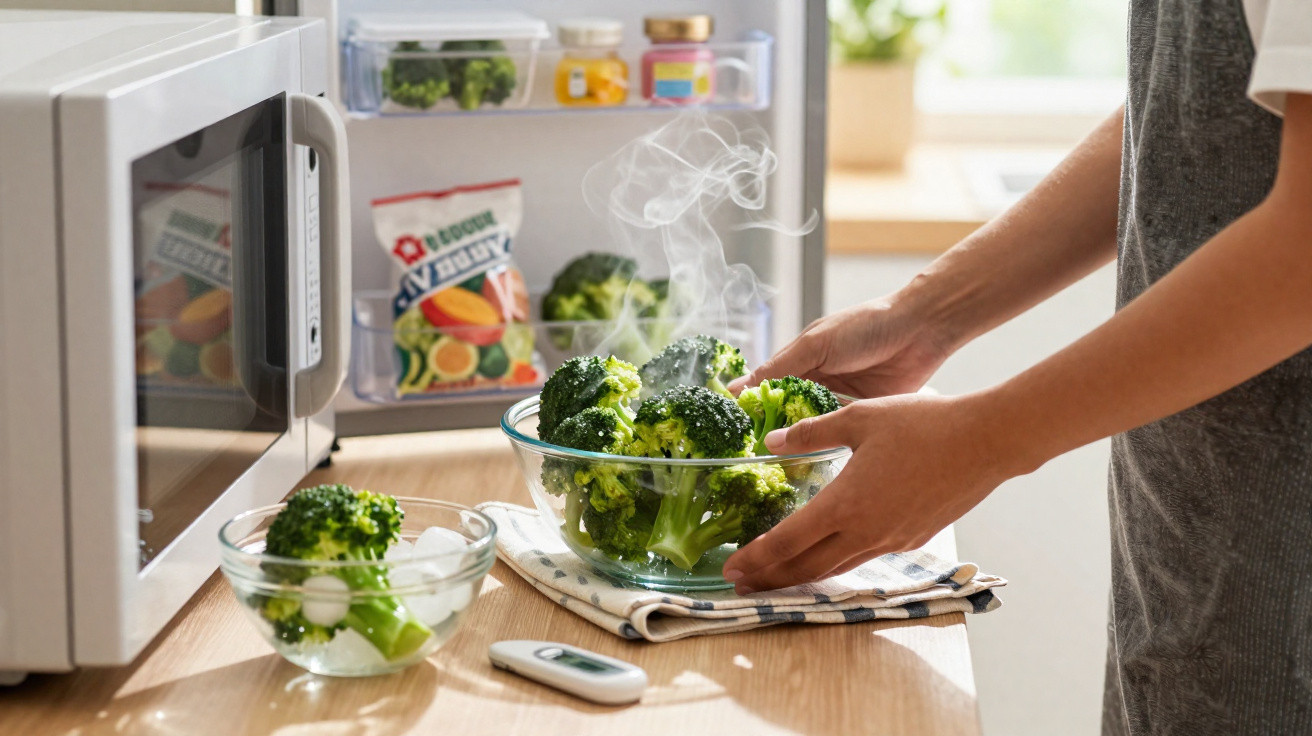 Person taking steaming hot broccoli out of a microwave in a bright kitchen setting.