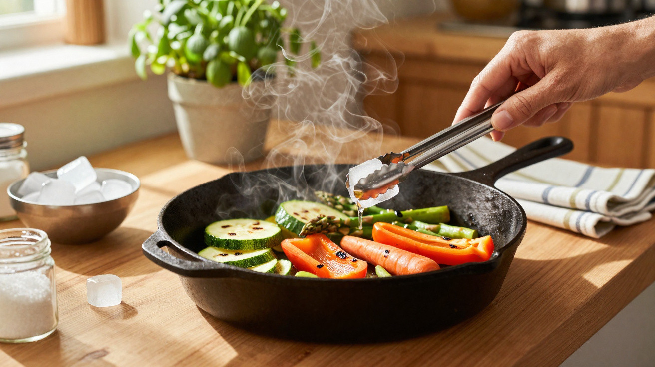 Hand adding ice cube with tongs to steaming cast iron skillet of grilling vegetables on wooden countertop.