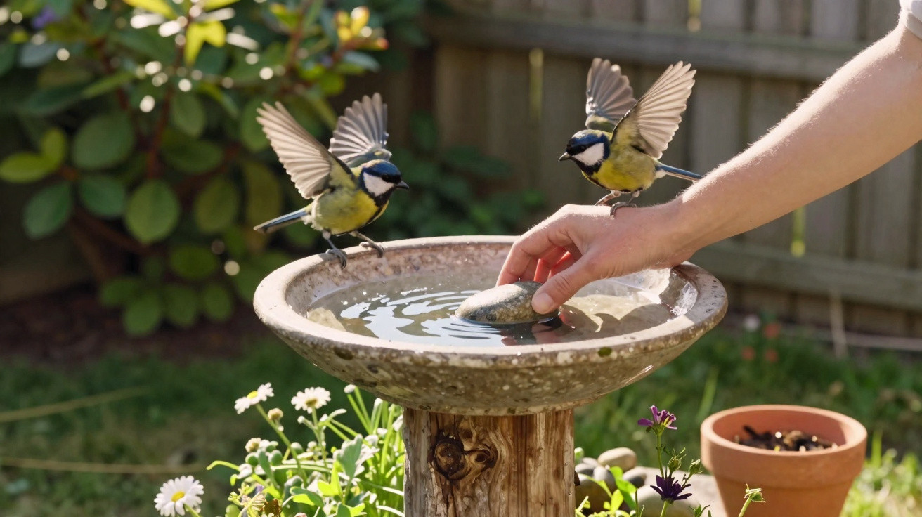 Two birds with wings spread near a hand placing a stone in a garden birdbath on a sunny day.