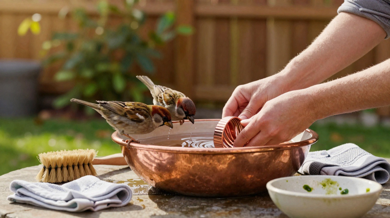 Two sparrows drinking from a copper bowl as hands wash a small copper item outdoors on a sunny day.