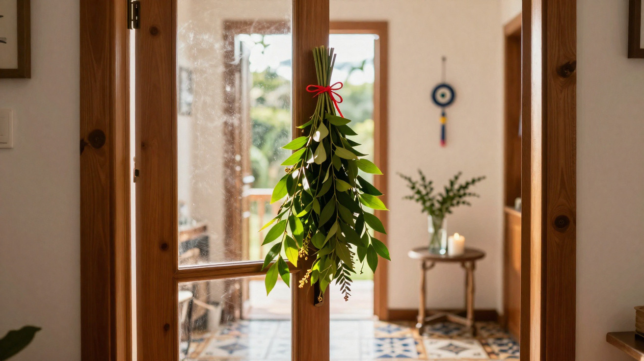 Green leafy bunch tied with a red ribbon hanging on wooden glass door in a bright, tiled hallway.