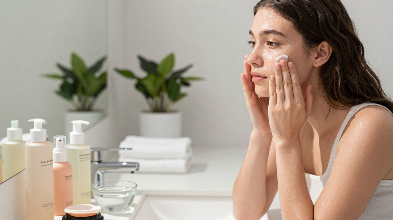 Young woman applying cream on her face in a bright bathroom with skincare products on the counter.