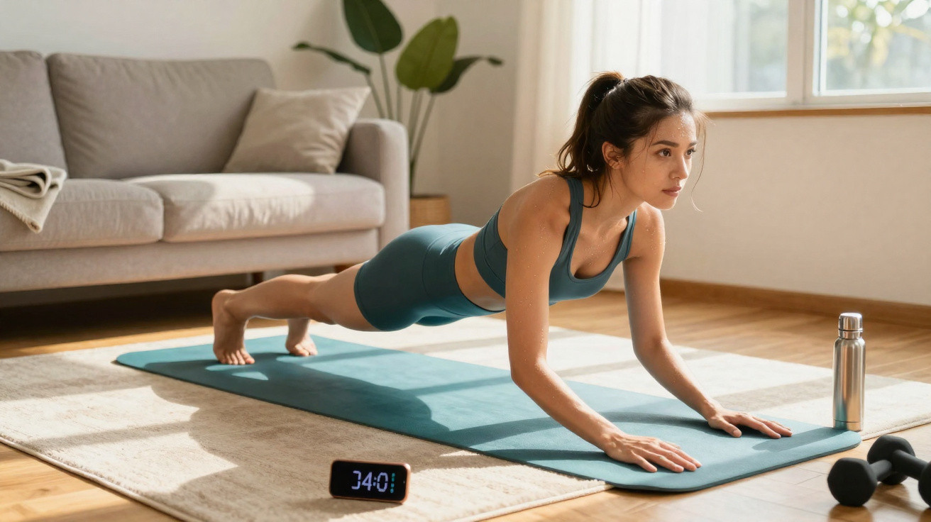 Woman in sportswear doing a plank exercise on a mat in a living room with a clock and water bottle nearby