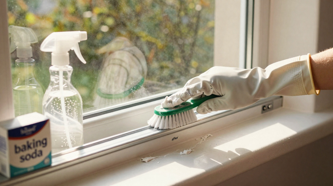 Hand wearing rubber glove scrubs window frame with brush, baking soda box and spray bottle nearby on sill.