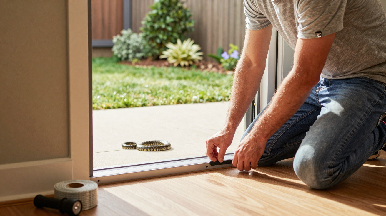 Person kneeling and fitting weather stripping tape along the bottom edge of a glass door.