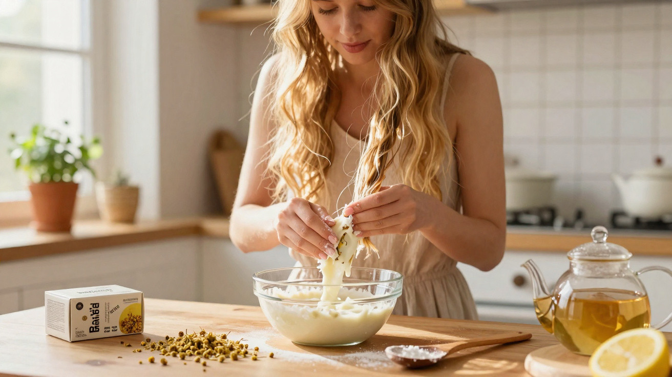 Woman stretching melted cheese over a glass bowl on a wooden kitchen countertop with tea and herbs nearby.