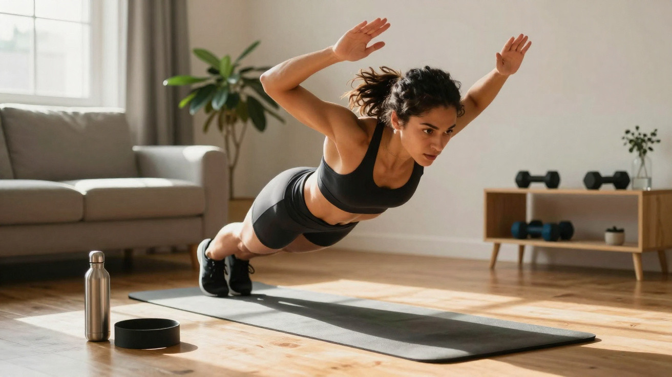 Woman in sportswear doing a flying push-up on a yoga mat in a bright living room.