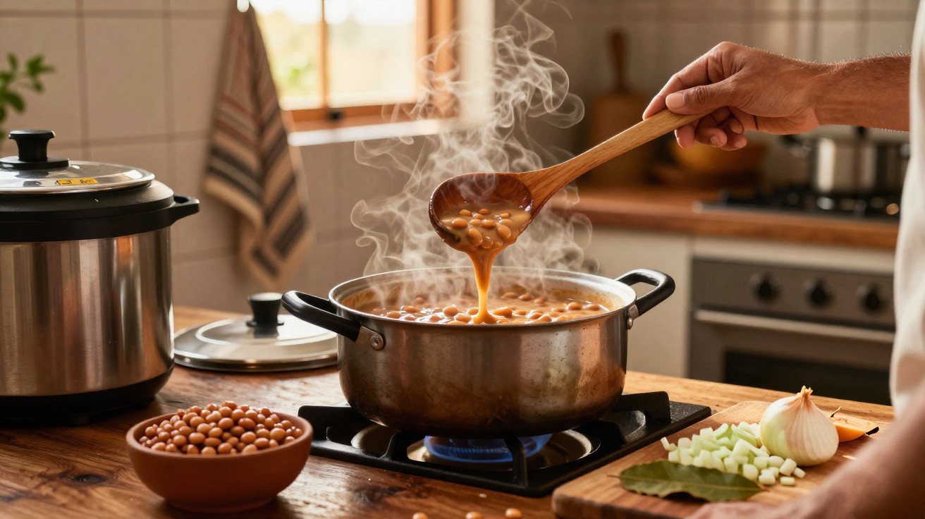 Steaming pot of beans cooking on gas stove with wooden spoon lifting beans, surrounded by ingredients on kitchen counter.