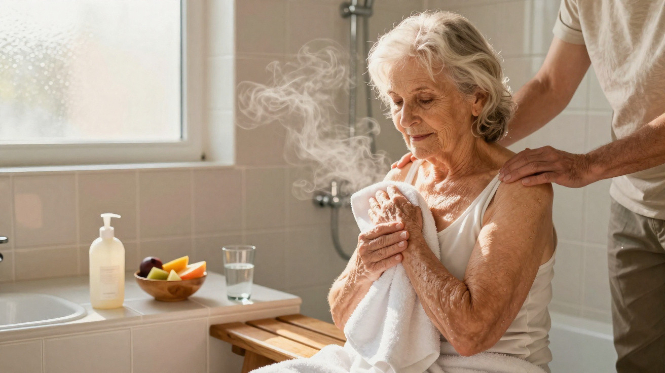 Elderly woman drying off with towel steaming in warm bathroom, supported by person’s hands on her shoulders.