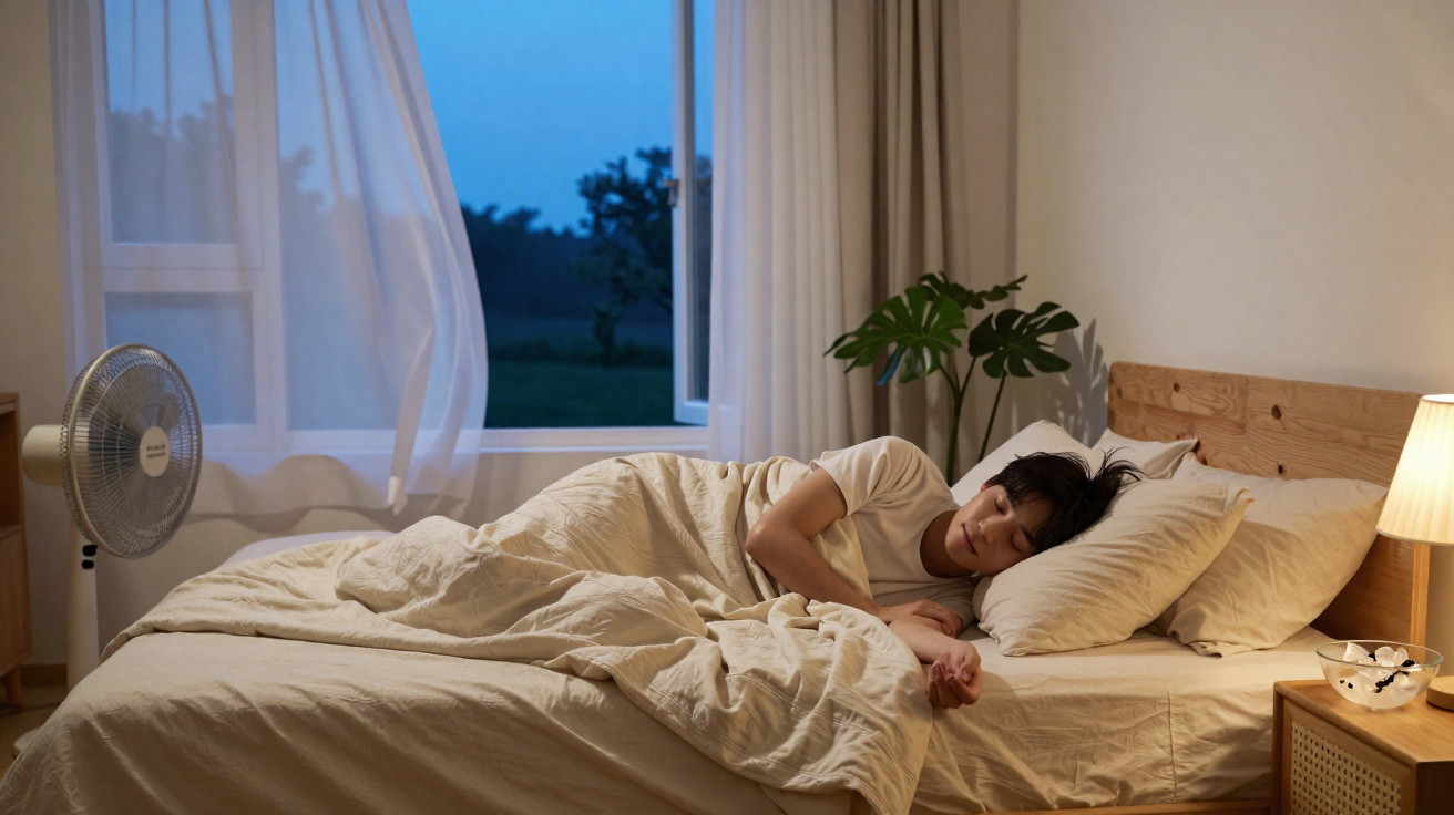 Person sleeping peacefully on a bed with beige bedding beside a lit lamp and a fan near an open window at dusk.
