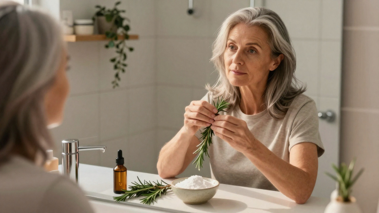 Mature woman holding rosemary sprigs in front of a mirror with a bowl and dropper bottle on the counter.