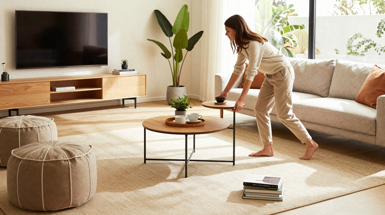 Woman adjusting a nested coffee table in a bright, modern living room with beige and wooden decor.