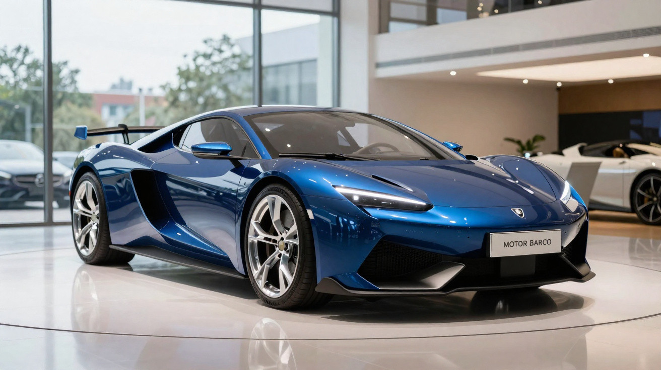 Sleek blue sports car displayed in a modern showroom with large windows and polished floors.