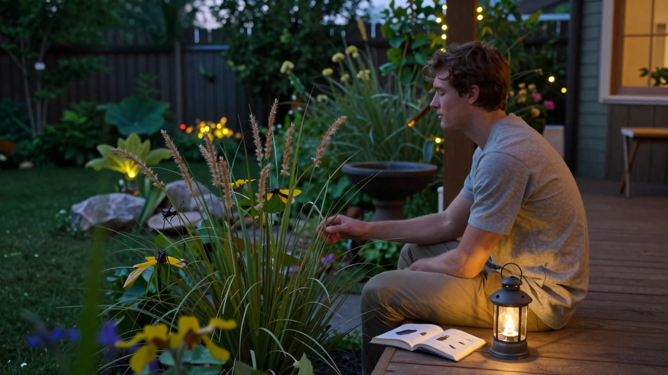 Young man sitting on a porch at dusk, holding a lantern with an open book beside him in a garden.