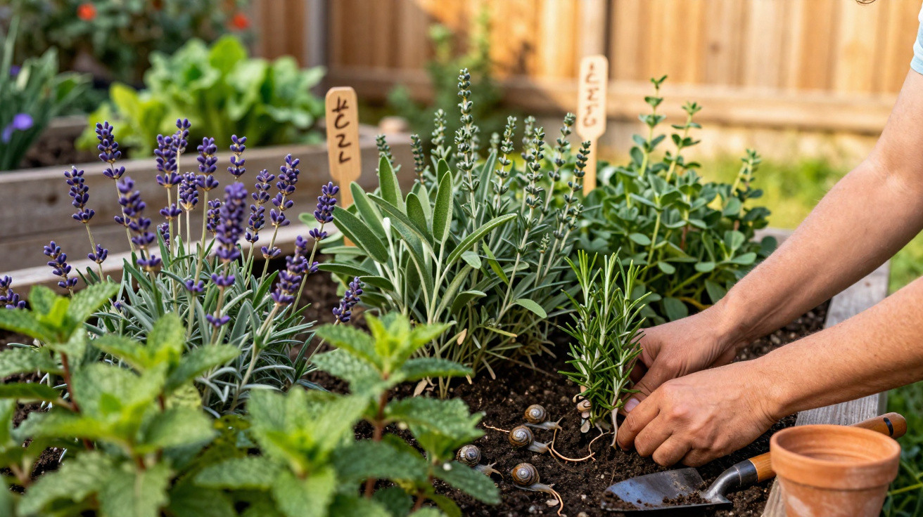 Hands planting herbs including lavender and rosemary in a raised garden bed with plant markers and gardening tools nearby.