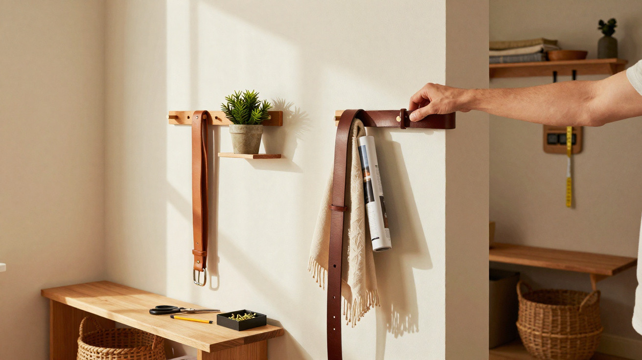 Hand adjusting brown leather belt on wall-mounted hook in bright, minimalist room with wooden bench and woven baskets.
