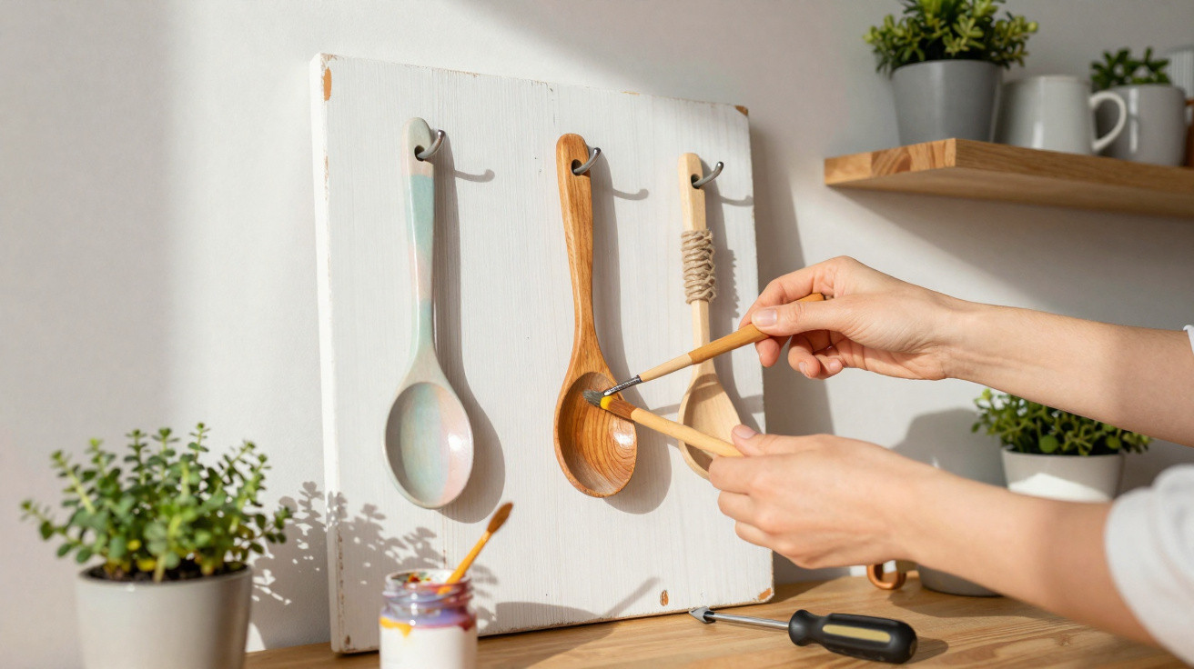 Hands painting a wooden spoon on a white board with potted plants and shelves in the background.