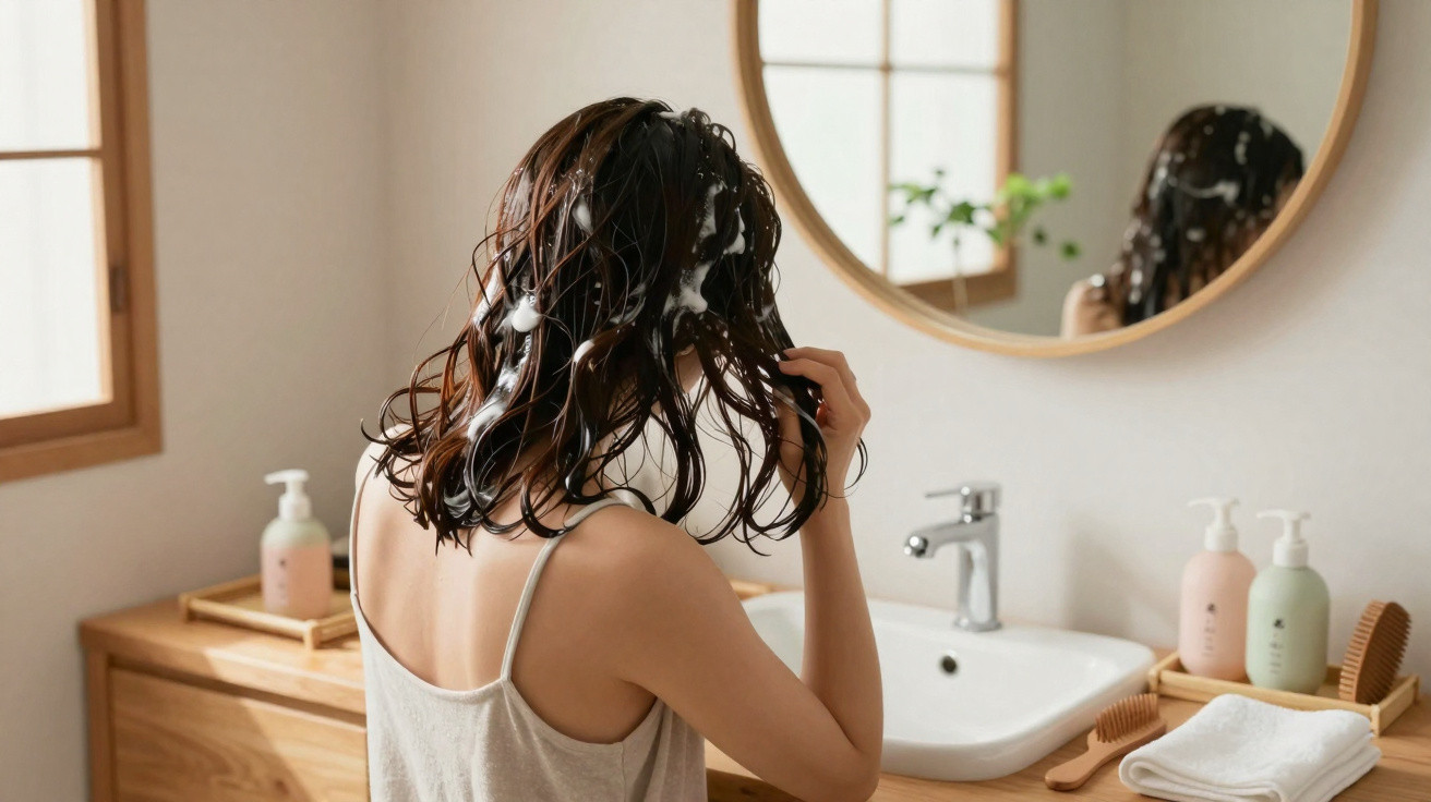 Woman applying shampoo foam to wet hair in a bright bathroom beside a sink and round mirror.