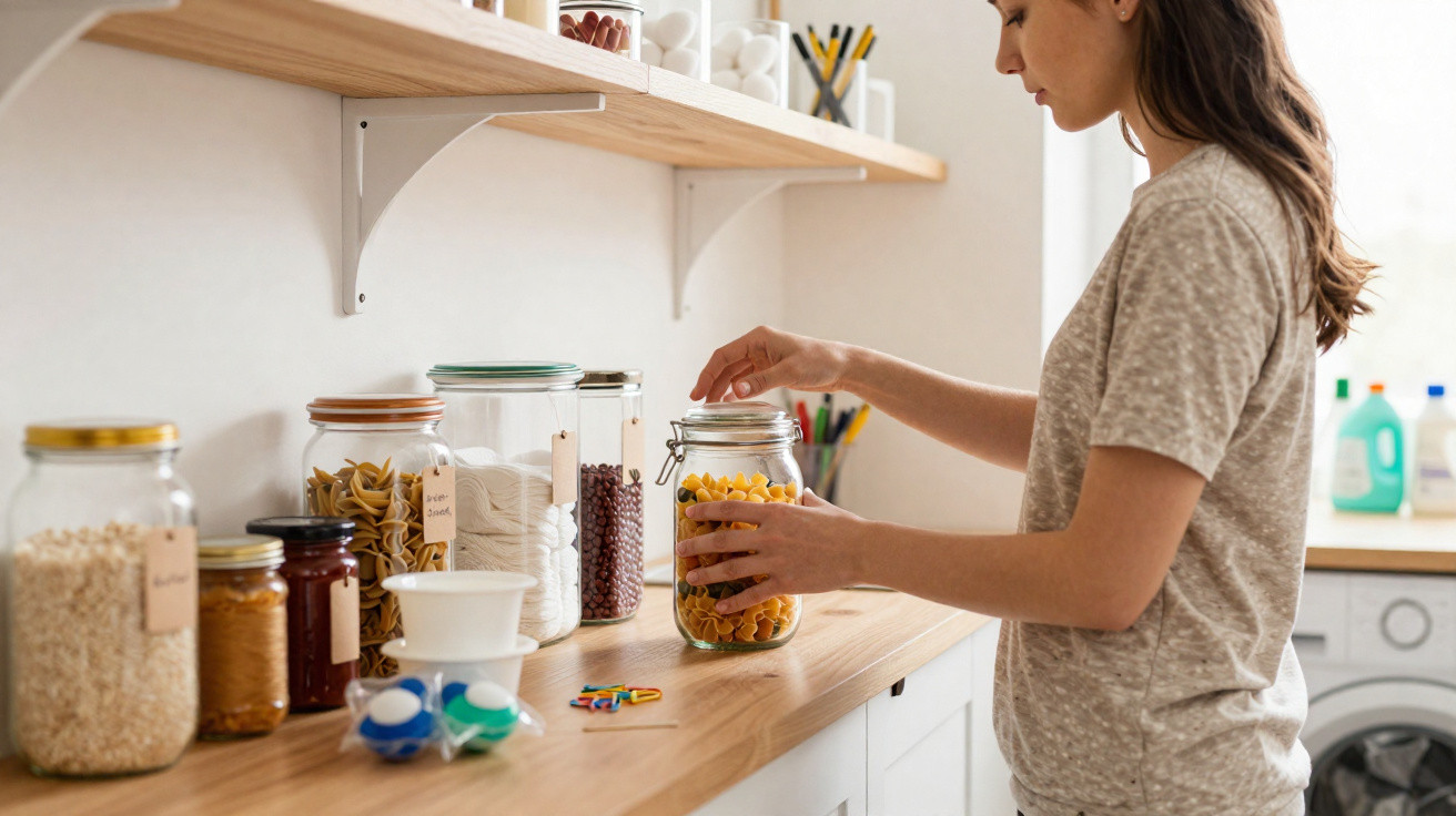 Woman organising pasta in glass jars on a kitchen counter with household supplies in the background