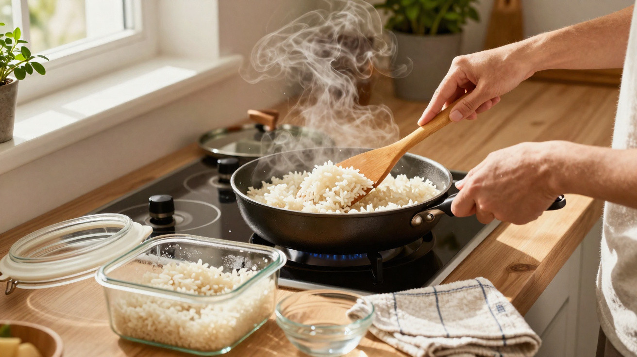 Person stirring steaming rice in a frying pan on a gas stove in a bright kitchen.