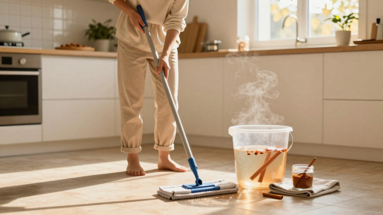 Person mopping a sunlit kitchen floor near a steaming bucket with cinnamon sticks and a jar of spice.