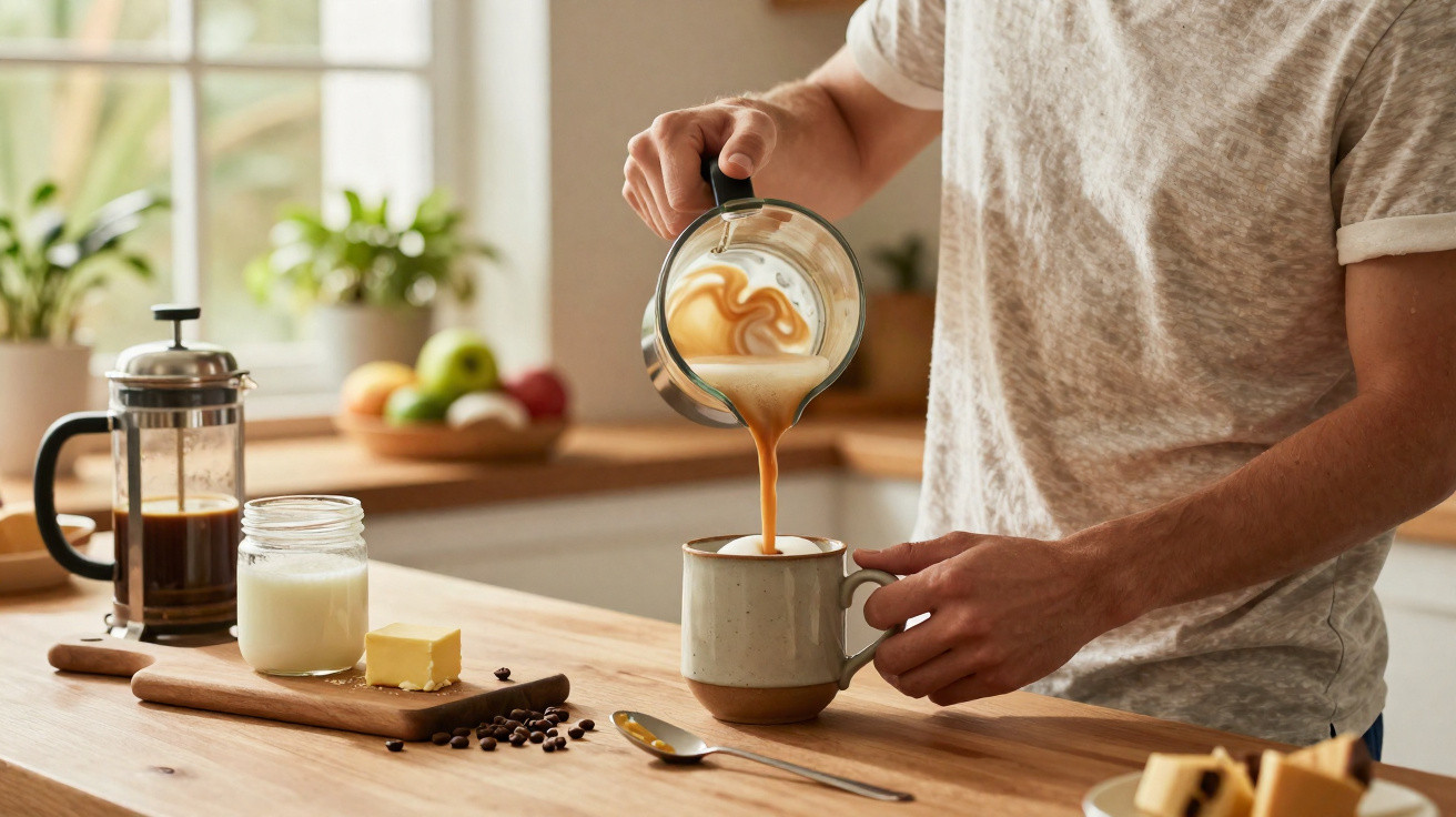 Person pouring coffee with milk from a jug into a mug on a wooden kitchen counter with ingredients nearby.