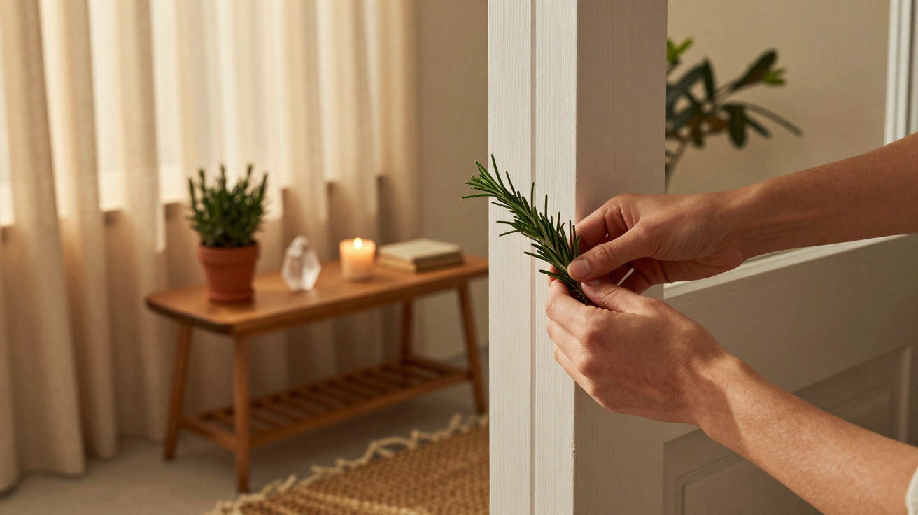 Hands attaching a sprig of rosemary to a white doorframe in a softly lit, cosy room.