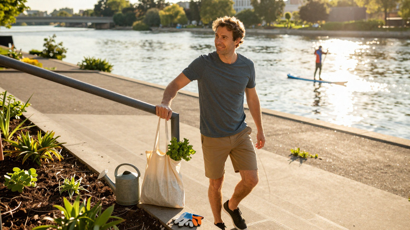 Man carrying a tote bag with plants walking up steps near a river with a paddleboarder in the background.