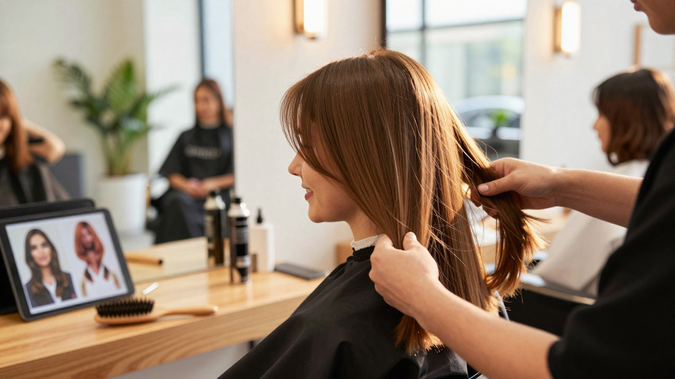 Woman at hair salon having her long straight hair styled by a hairstylist, with hairstyle images on a tablet nearby.