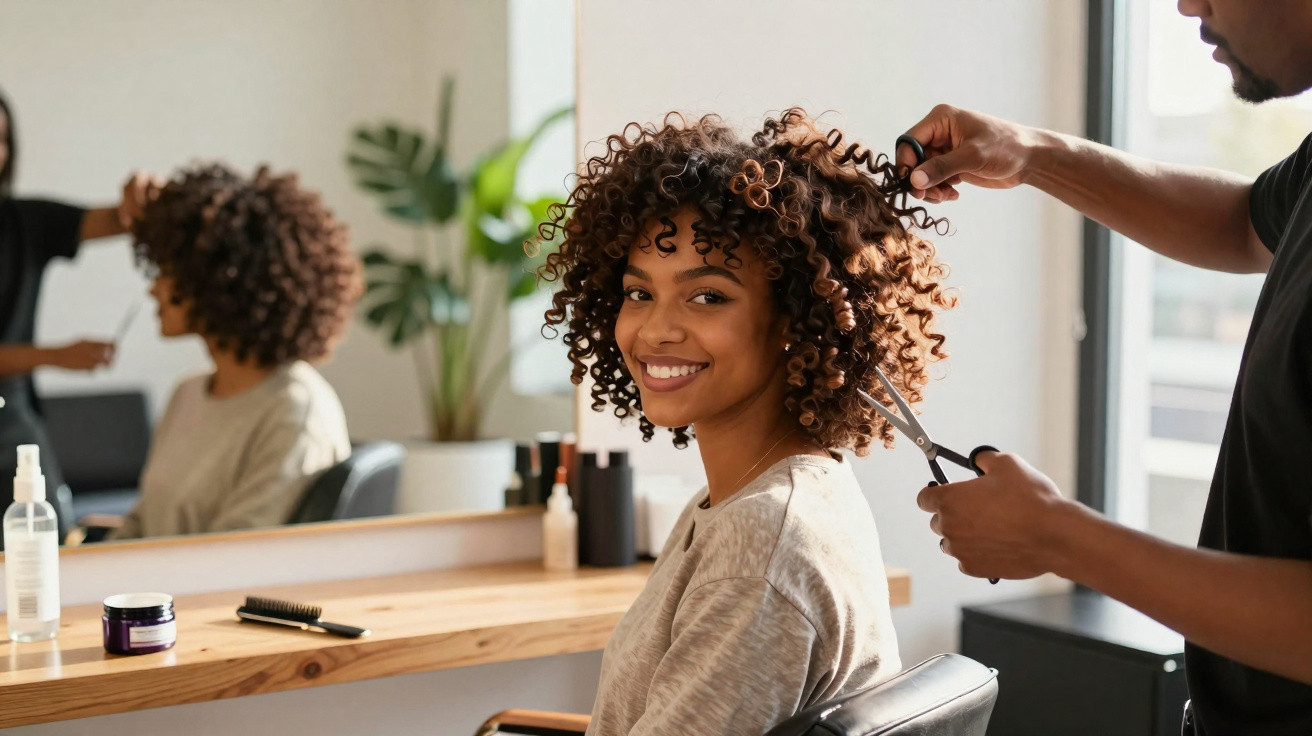 Woman with curly hair smiling while a hairstylist trims her hair in a modern salon.