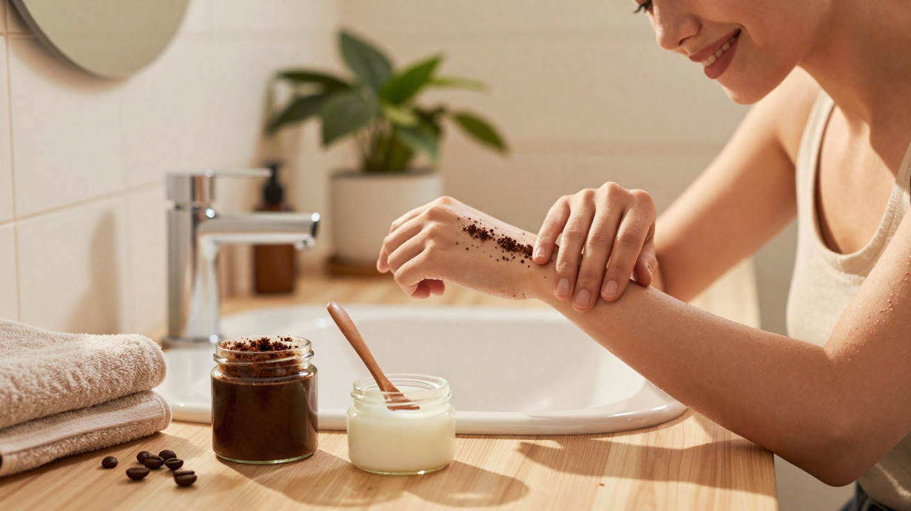 Woman applying coffee scrub on her arm in a bathroom near jars of cream and exfoliant on wooden counter.