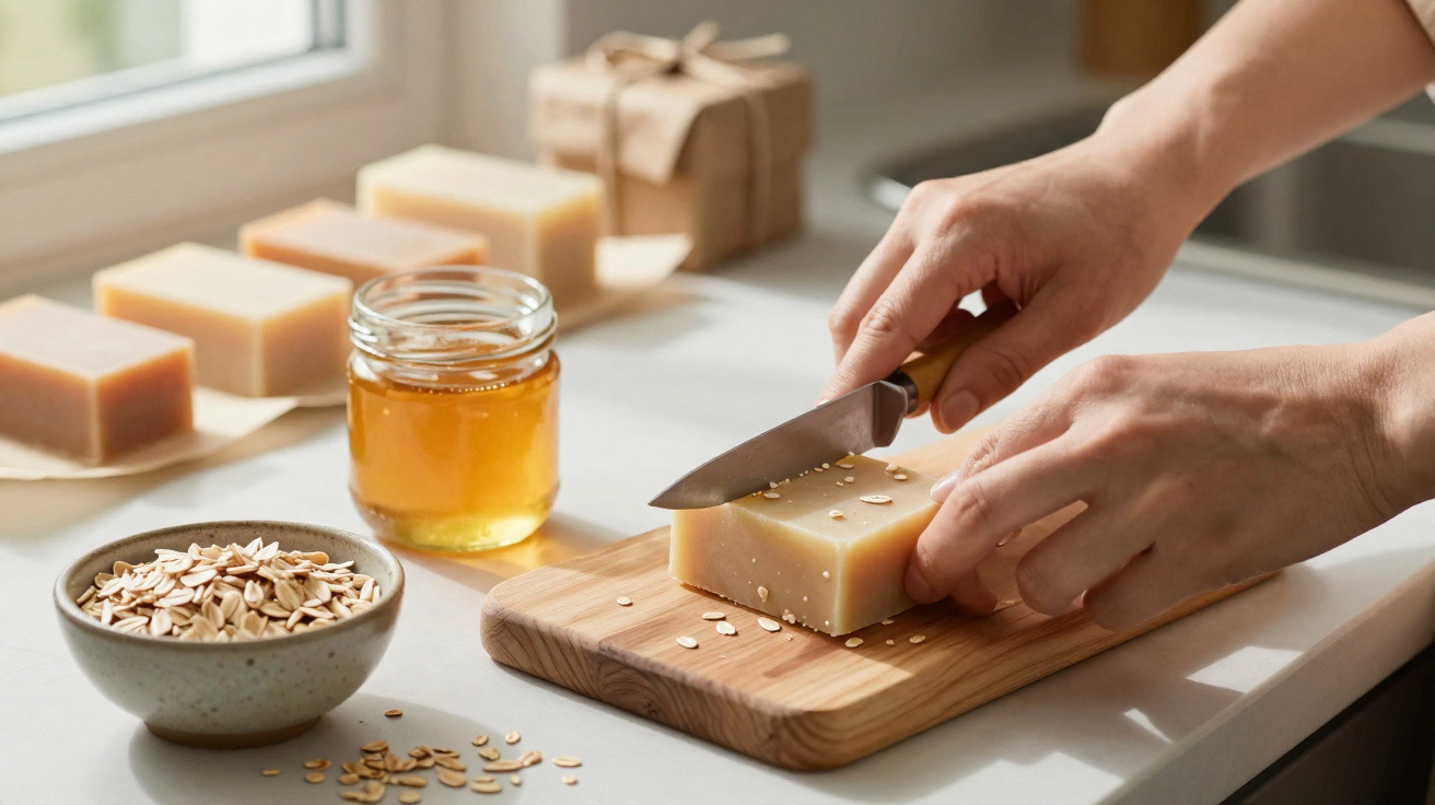 Hands cutting a bar of oat soap on a wooden board beside a jar of honey and a bowl of oats on a kitchen counter.