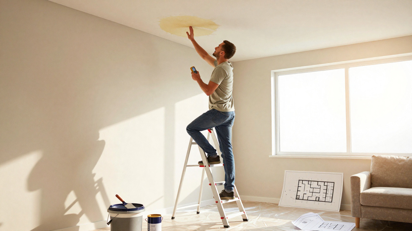 Man on ladder inspecting water stain on ceiling in bright, sparsely furnished room with paint supplies nearby
