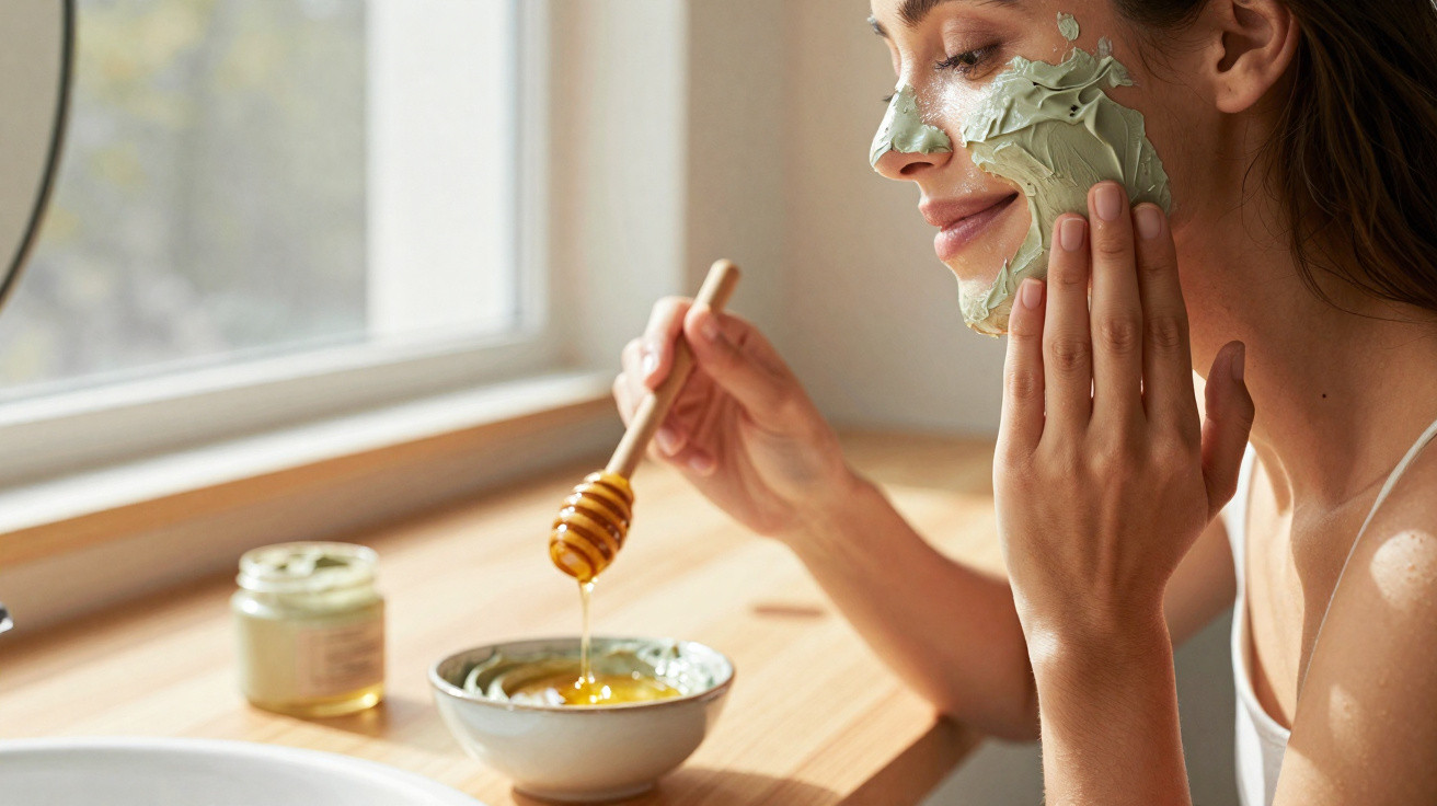 Woman with green facial mask applies honey to her face in a sunlit bathroom near a window.