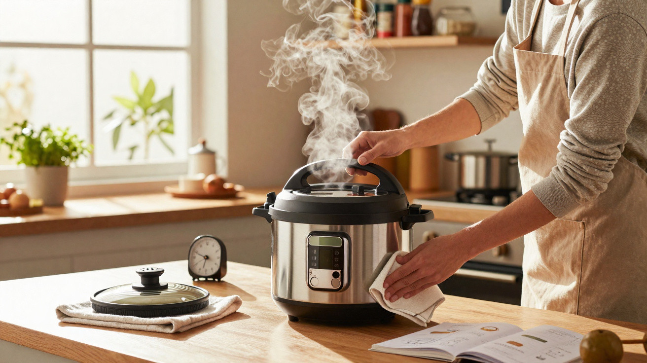 Person in apron opening steaming electric pressure cooker on kitchen counter with recipe book nearby