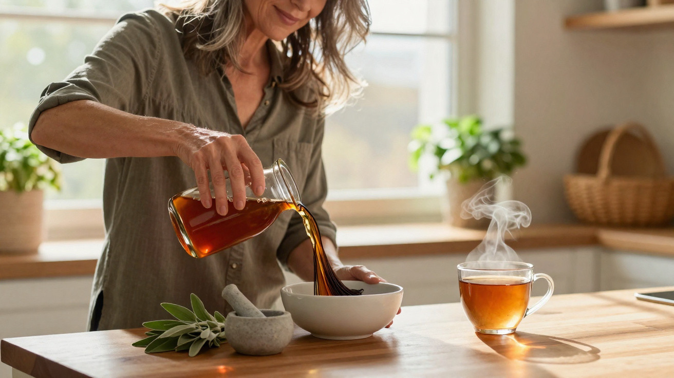 Woman pouring tea from a glass pot into a bowl on a kitchen counter with a steaming cup of tea nearby