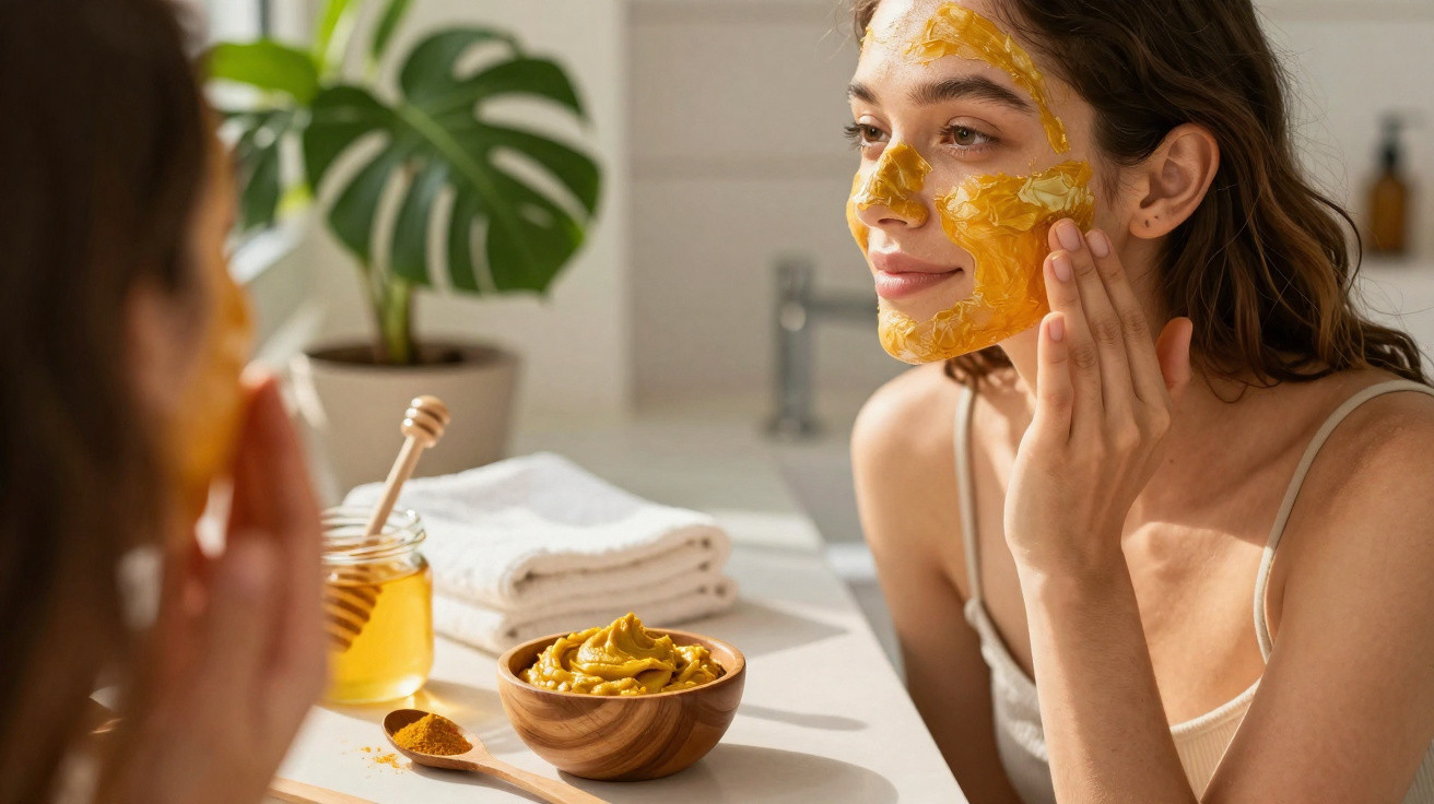 Woman applying a yellow turmeric face mask in front of a bathroom mirror with honey and turmeric on the counter.